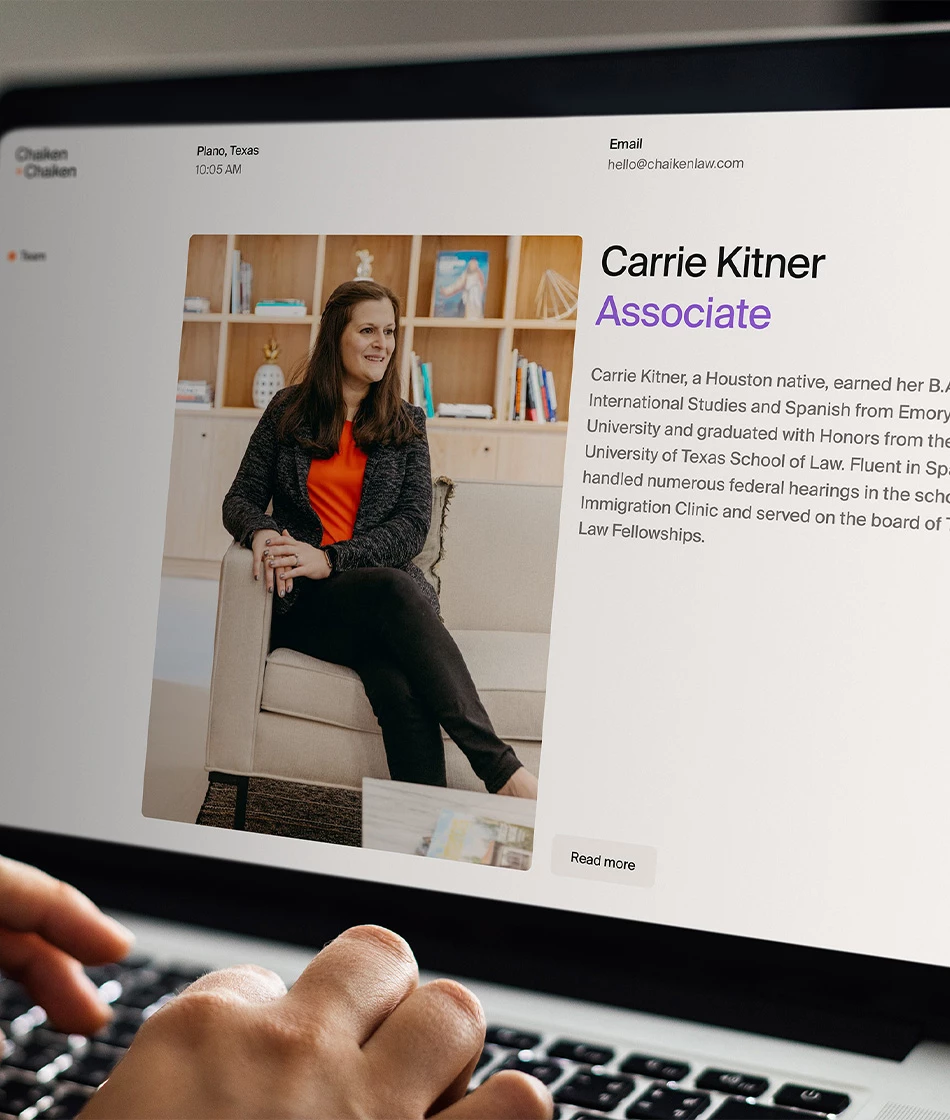 Chaiken & Chaiken attorney biography page for associate Carrie Kitner displayed on a laptop