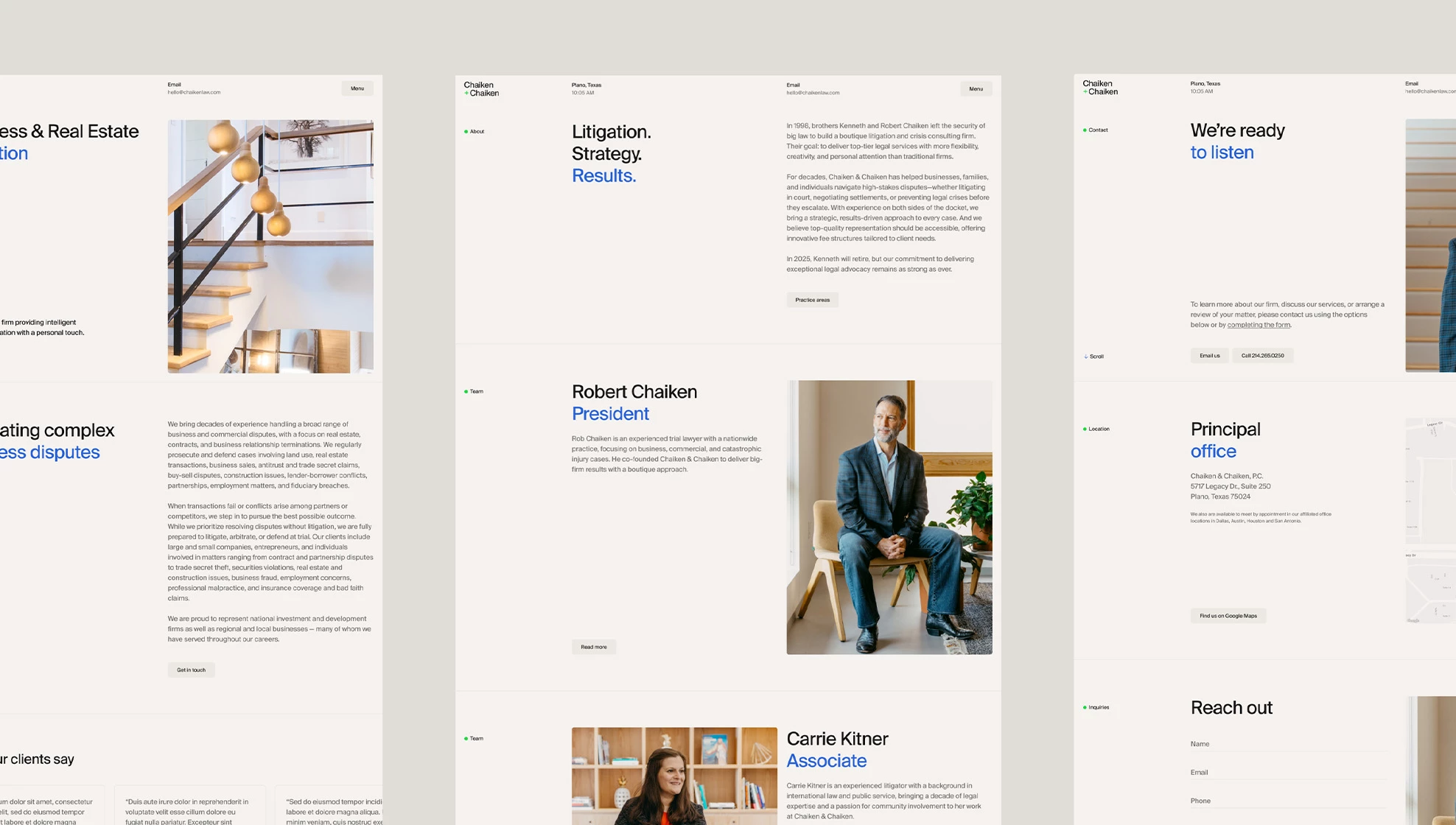 Three pages of the Chaiken & Chaiken website shown side by side: a business and real estate practice area page, the firm about page with attorney profiles, and the contact page