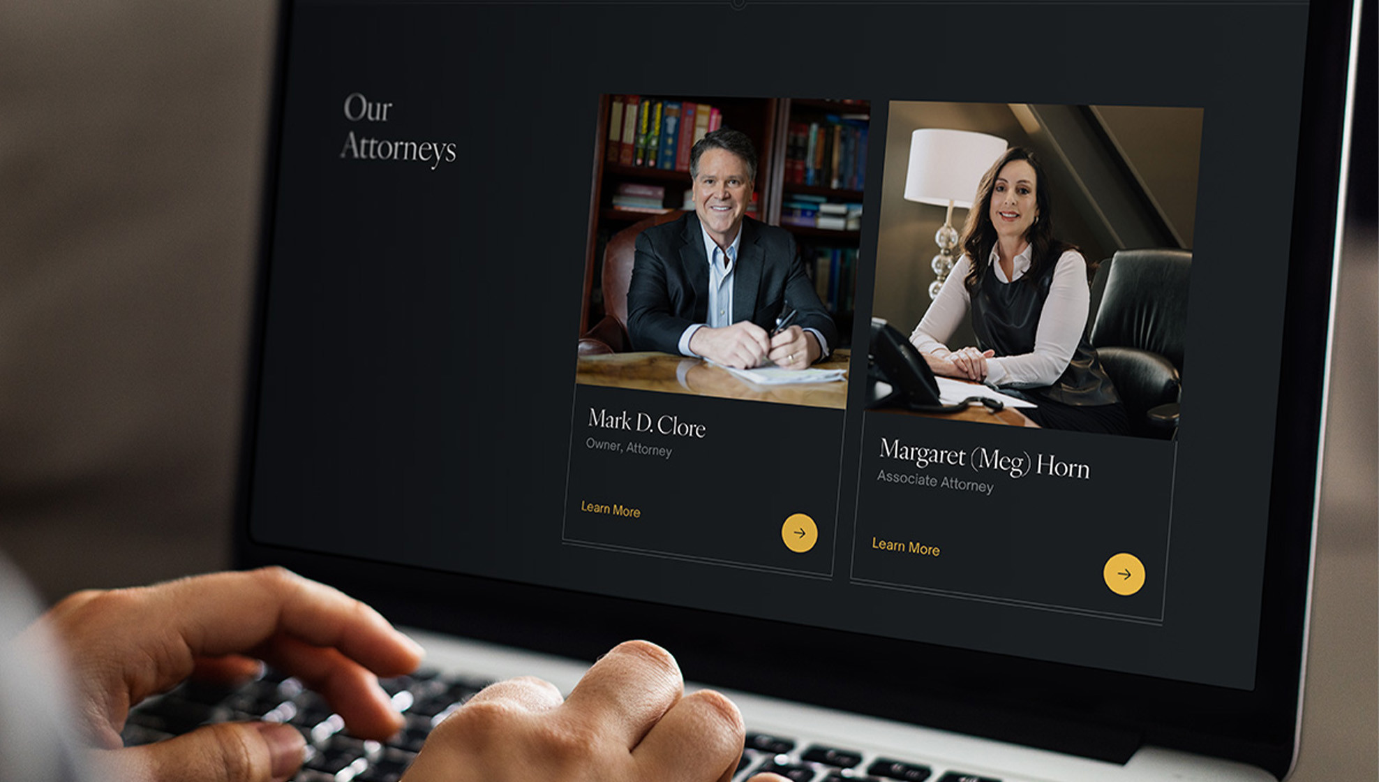 Clore Law Group about page design on laptop