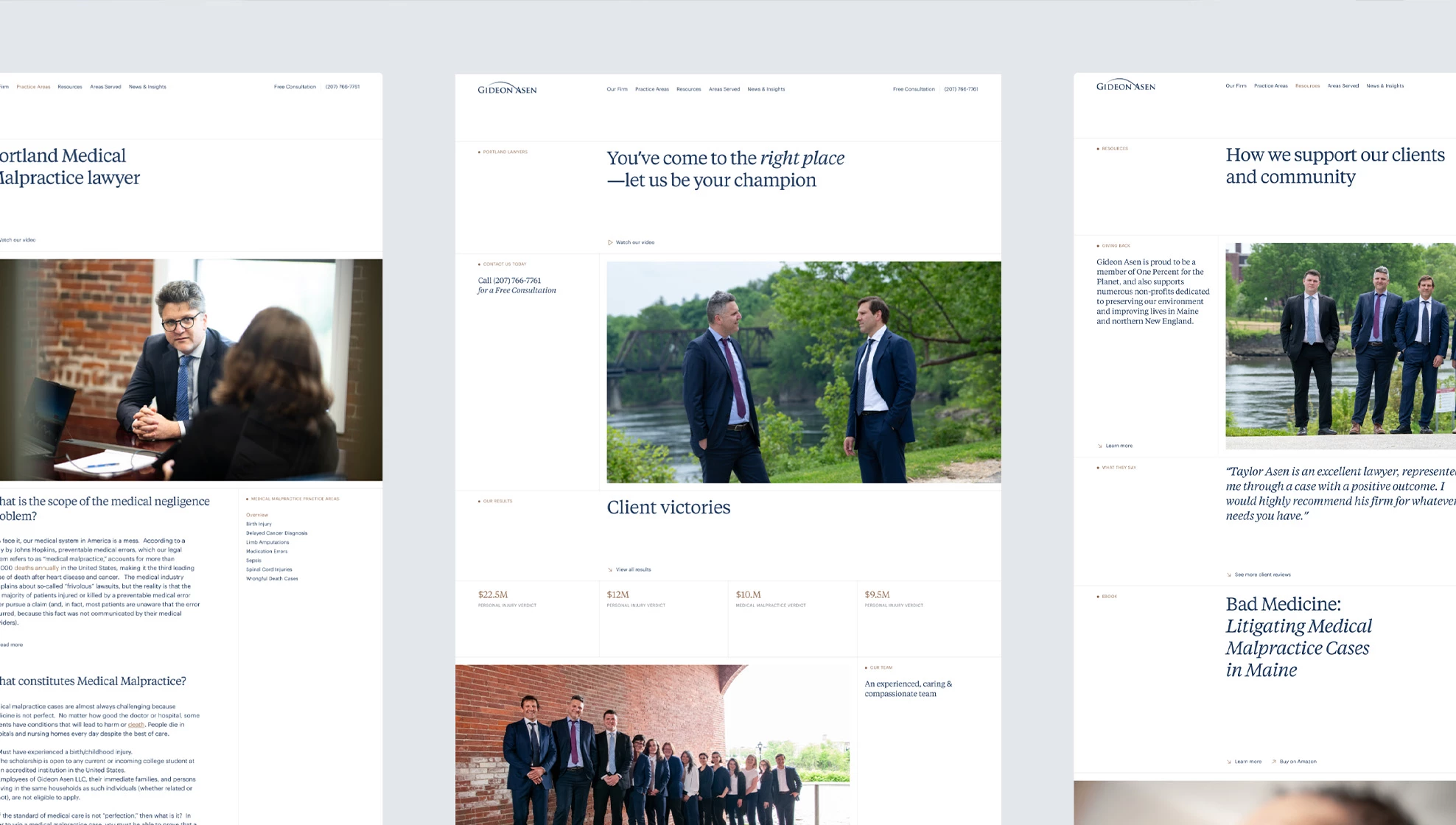 Three pages of the Gideon Asen website shown side by side: a Portland medical malpractice practice area page, the firm homepage, and a community and resources page