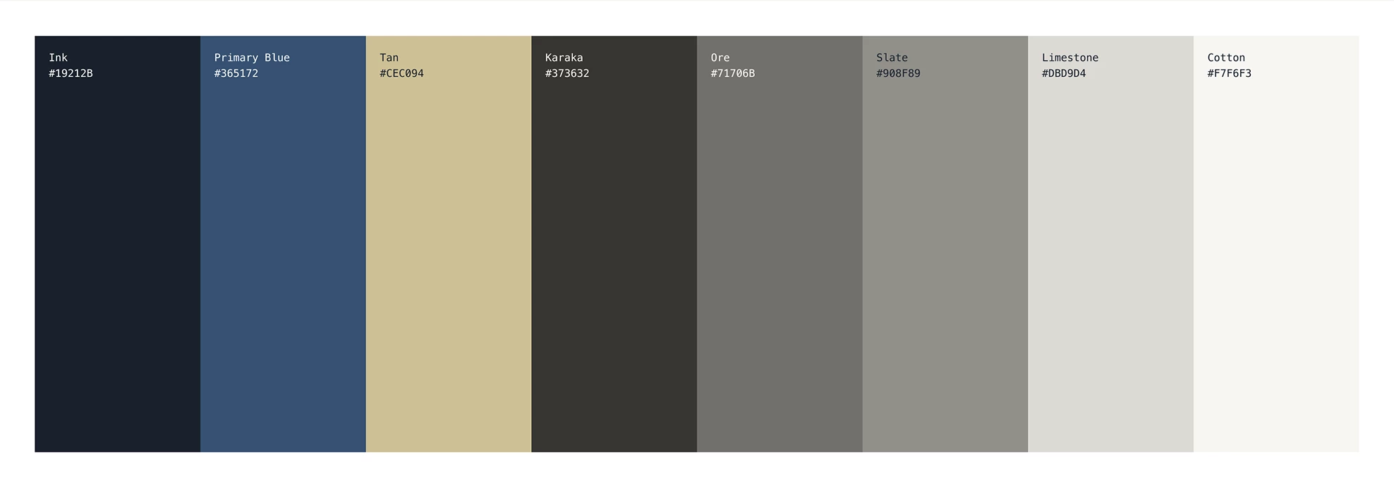 Hart McLaughlin & Eldridge brand color palette showing eight swatches: Ink, Primary Blue, Tan, Karaka, Ore, Slate, Limestone, and Cotton