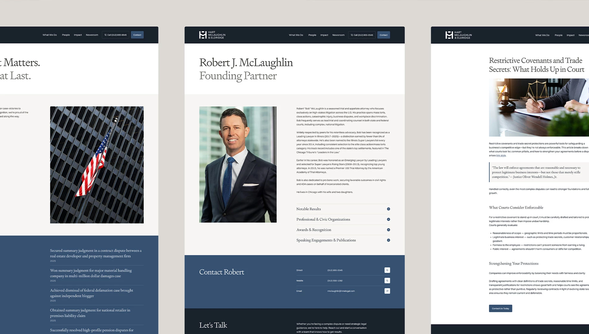 Three pages of the Hart McLaughlin & Eldridge website shown side by side: the Impact page, Robert J. McLaughlin