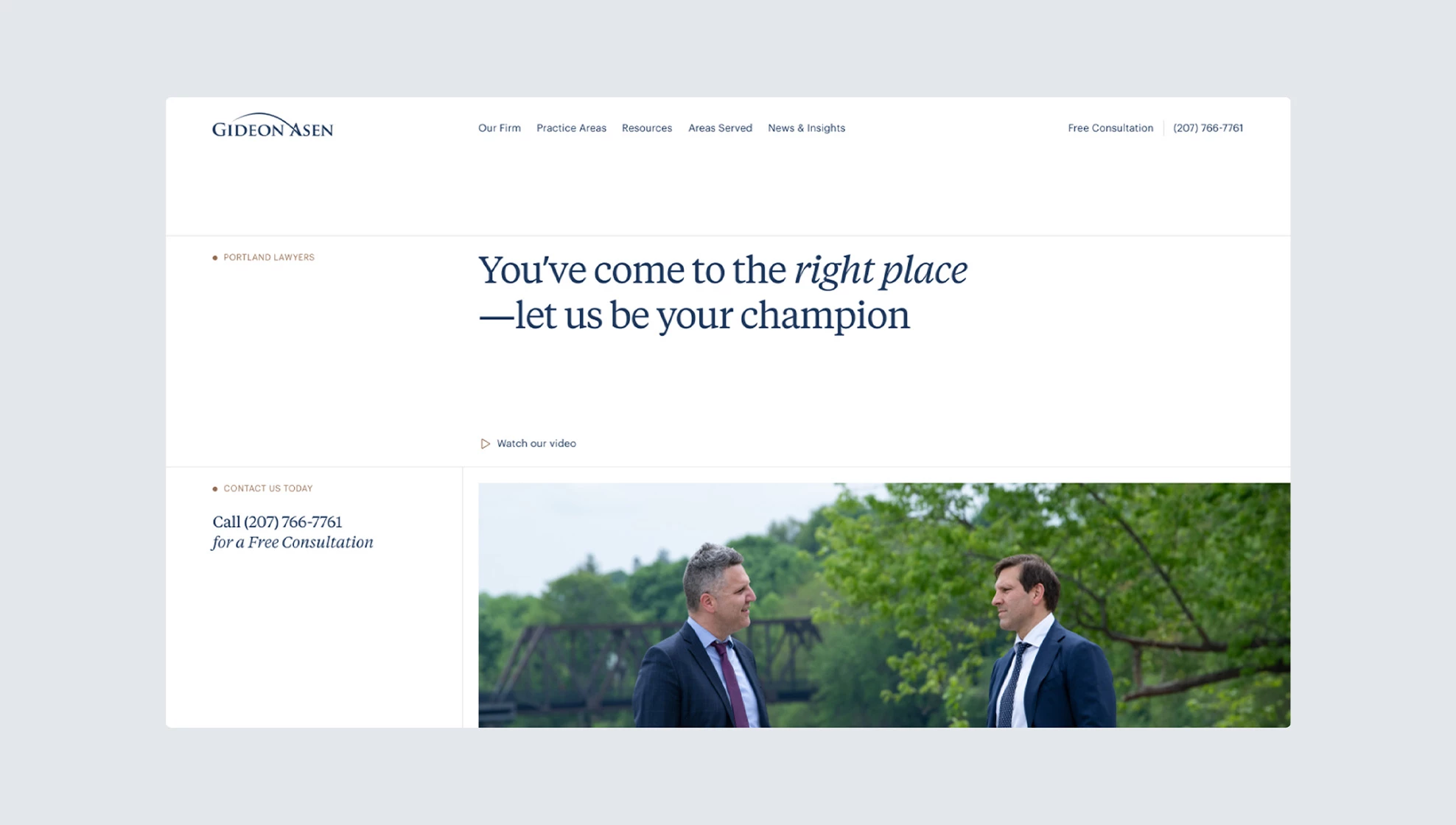 Gideon Asen law firm homepage displayed in a browser window, featuring two attorneys outdoors along a Maine riverbank and a free consultation call to action