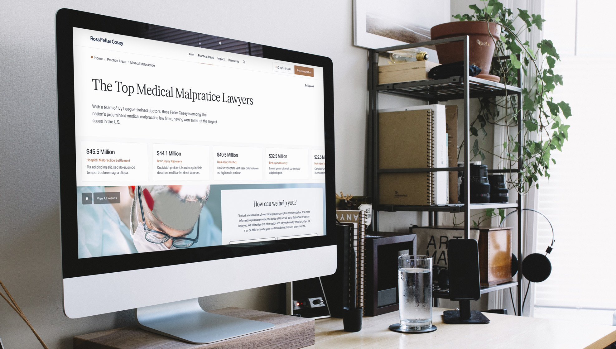 Ross Feller Casey medical malpractice website displayed on a desktop iMac, showing case results and a free consultation form