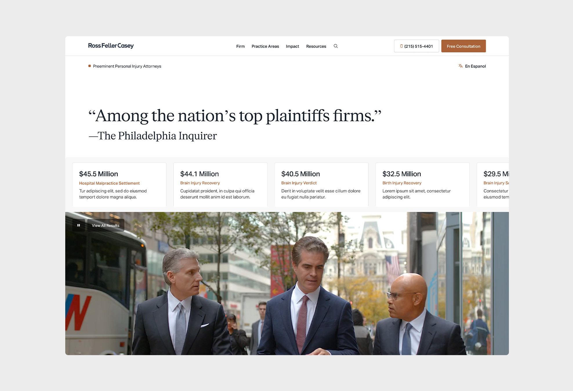Ross Feller Casey law firm homepage featuring a Philadelphia Inquirer quote and three attorneys walking outside in downtown Philadelphia