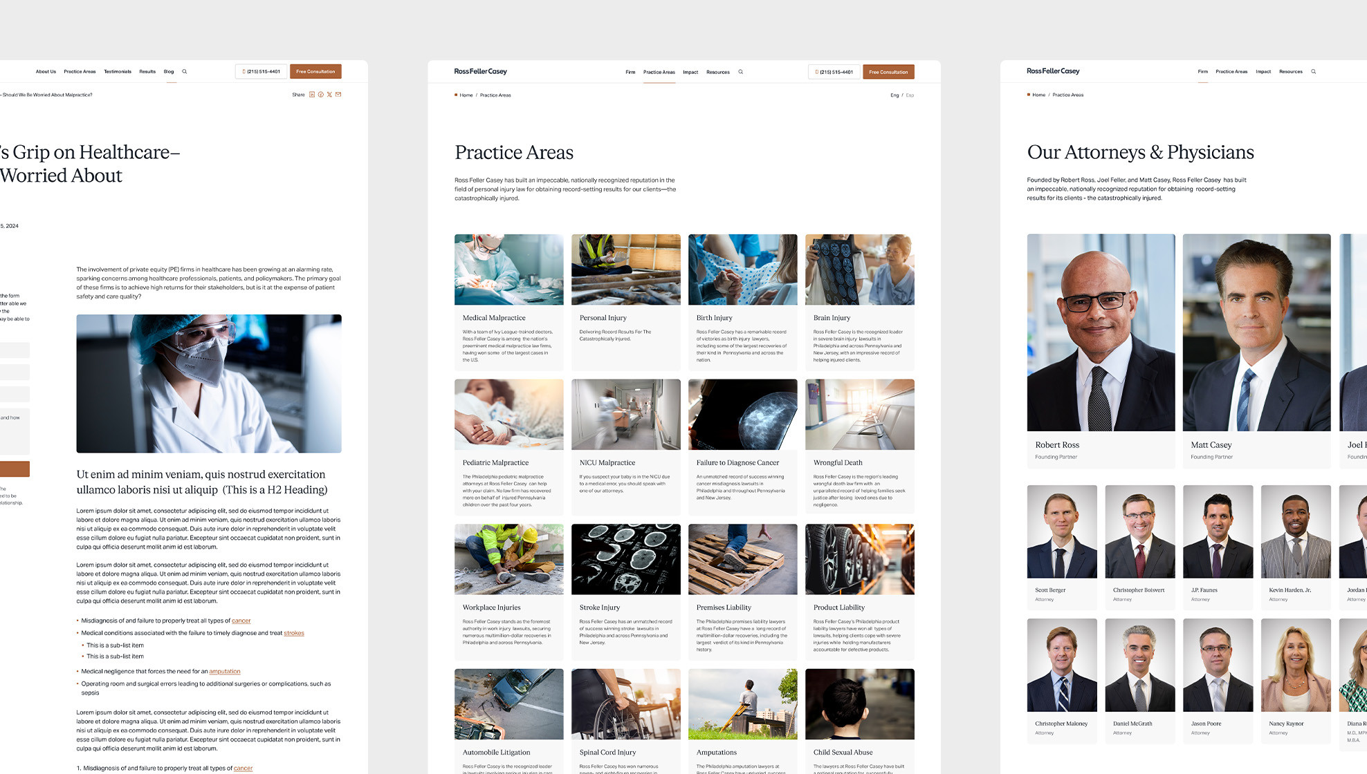 Three pages of the Ross Feller Casey website shown side by side, including a blog post, practice areas page, and attorney profiles page