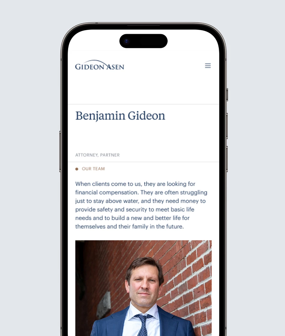Gideon Asen attorney biography page for partner Benjamin Gideon displayed on an iPhone